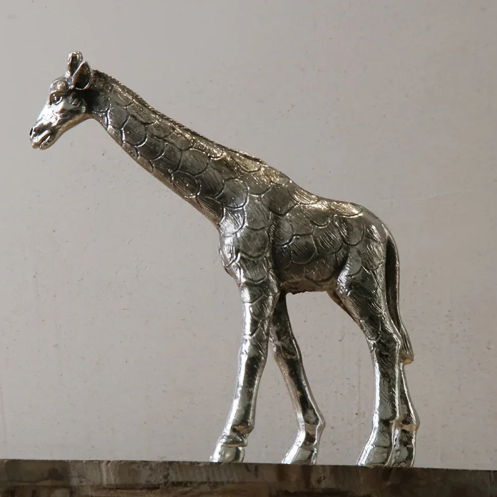 Giraffe Statue Silver Metal Animal Sculpture Home Decor