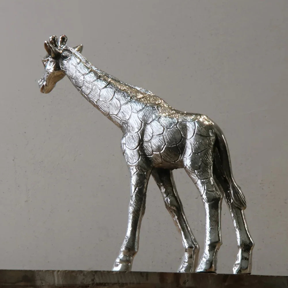 Giraffe Statue Silver Metal Animal Sculpture Home Decor