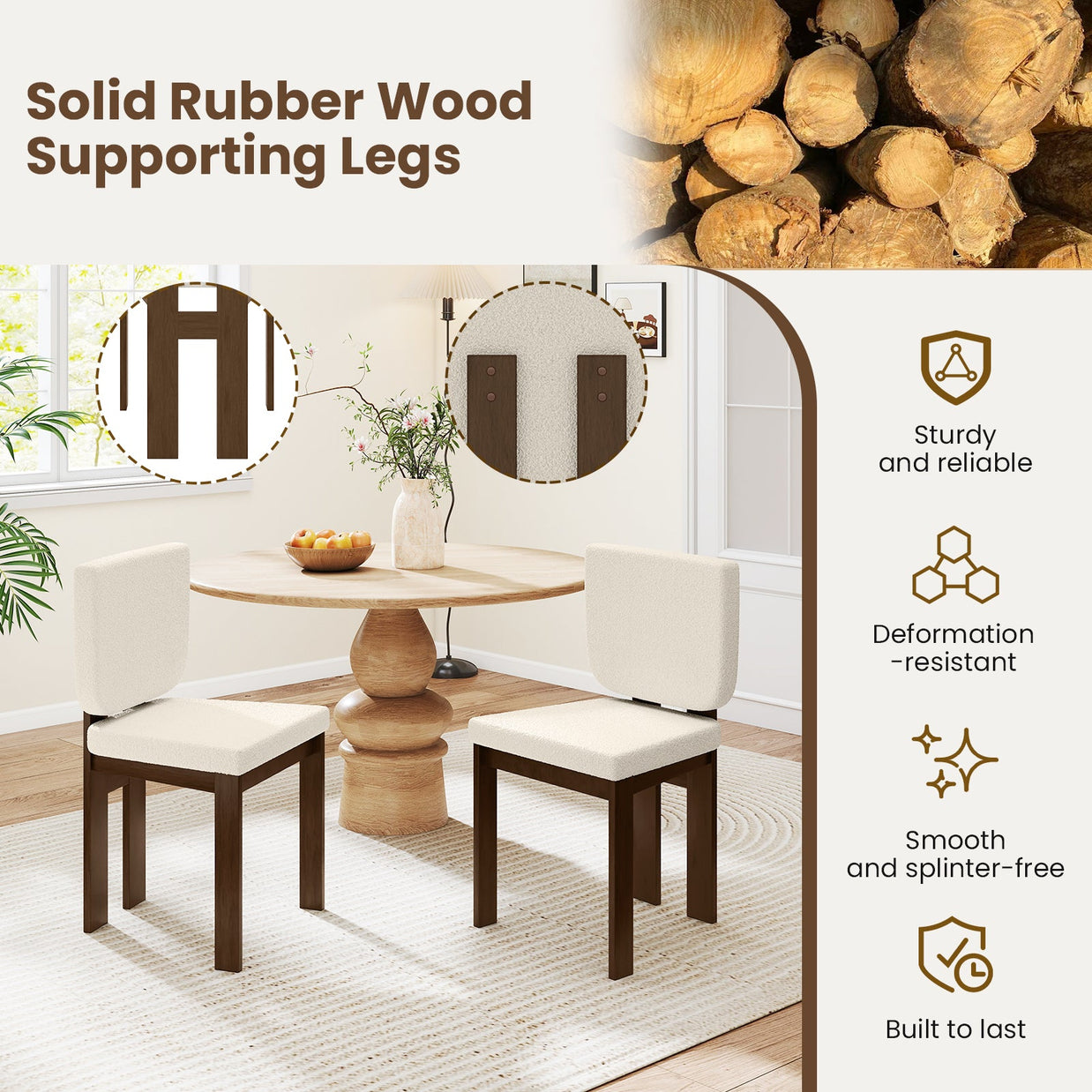 Wooden Dining Chair Set of 2 with Rubber Wood Leg for Home Office Living Room-Brown