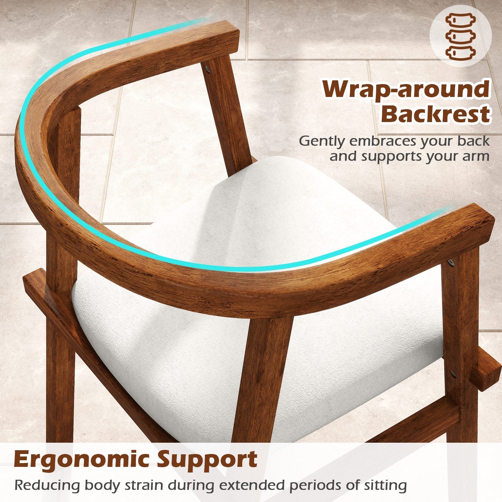 Set of 2 Solid Rubber Wood Dining Room Chairs with Wrap-around Armrest-Walnut