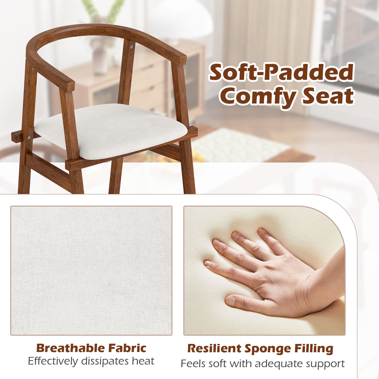 Set of 2 Solid Rubber Wood Dining Room Chairs with Wrap-around Armrest-Walnut