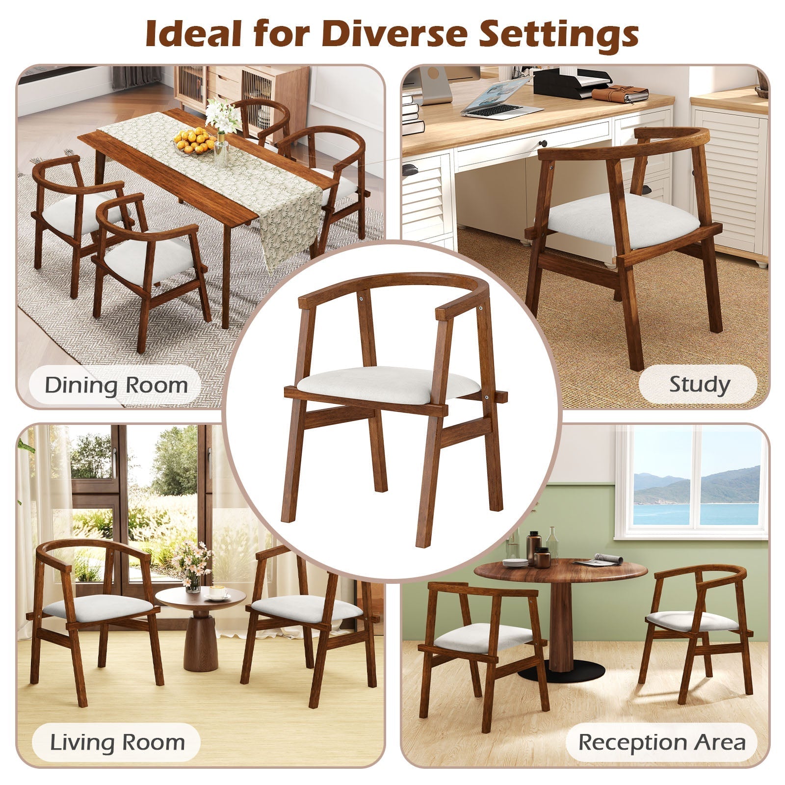 Set of 2 Solid Rubber Wood Dining Room Chairs with Wrap-around Armrest-Walnut