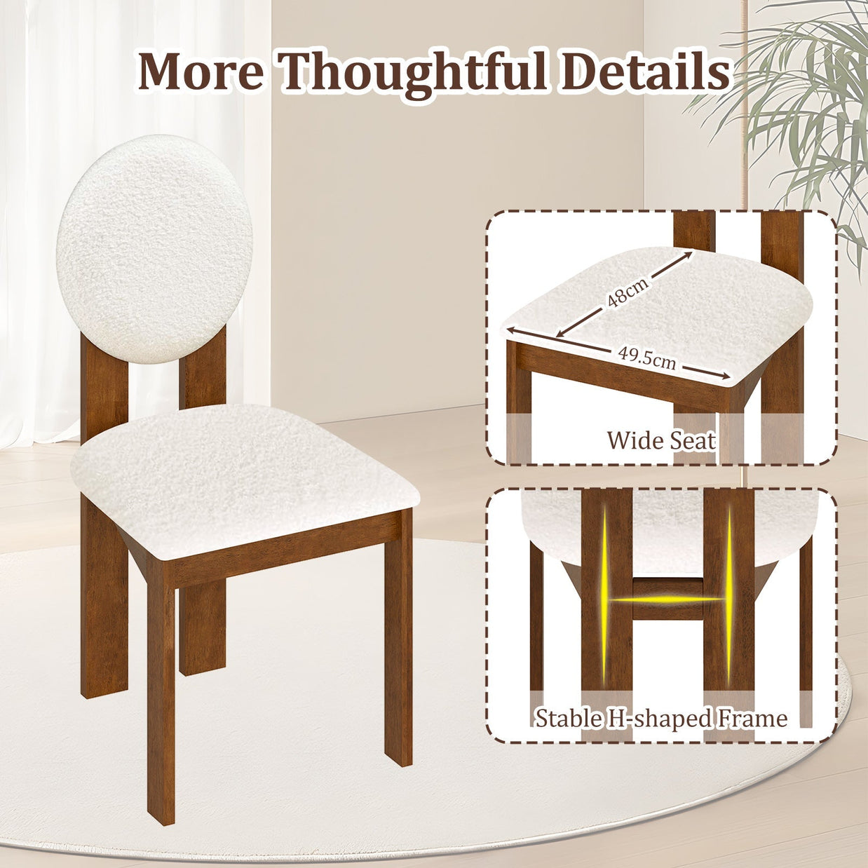 Sherpa Dining Chairs Set of 2 with Rubber Wood Legs for Living Room Restaurant-White