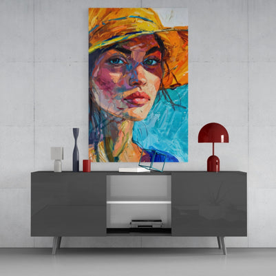 Woman in Orange Hat Glass Wall Art || Designer Collection
