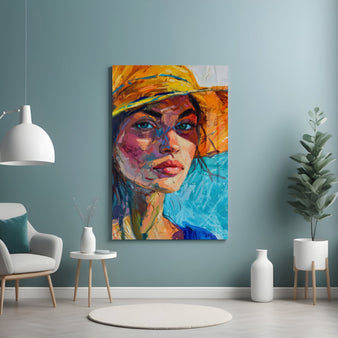 Woman in Orange Hat Glass Wall Art || Designer Collection