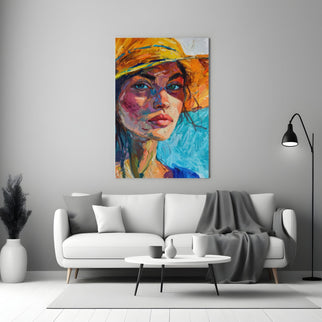 Woman in Orange Hat Glass Wall Art || Designer Collection