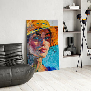 Woman in Orange Hat Glass Wall Art || Designer Collection