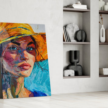 Woman in Orange Hat Glass Wall Art || Designer Collection