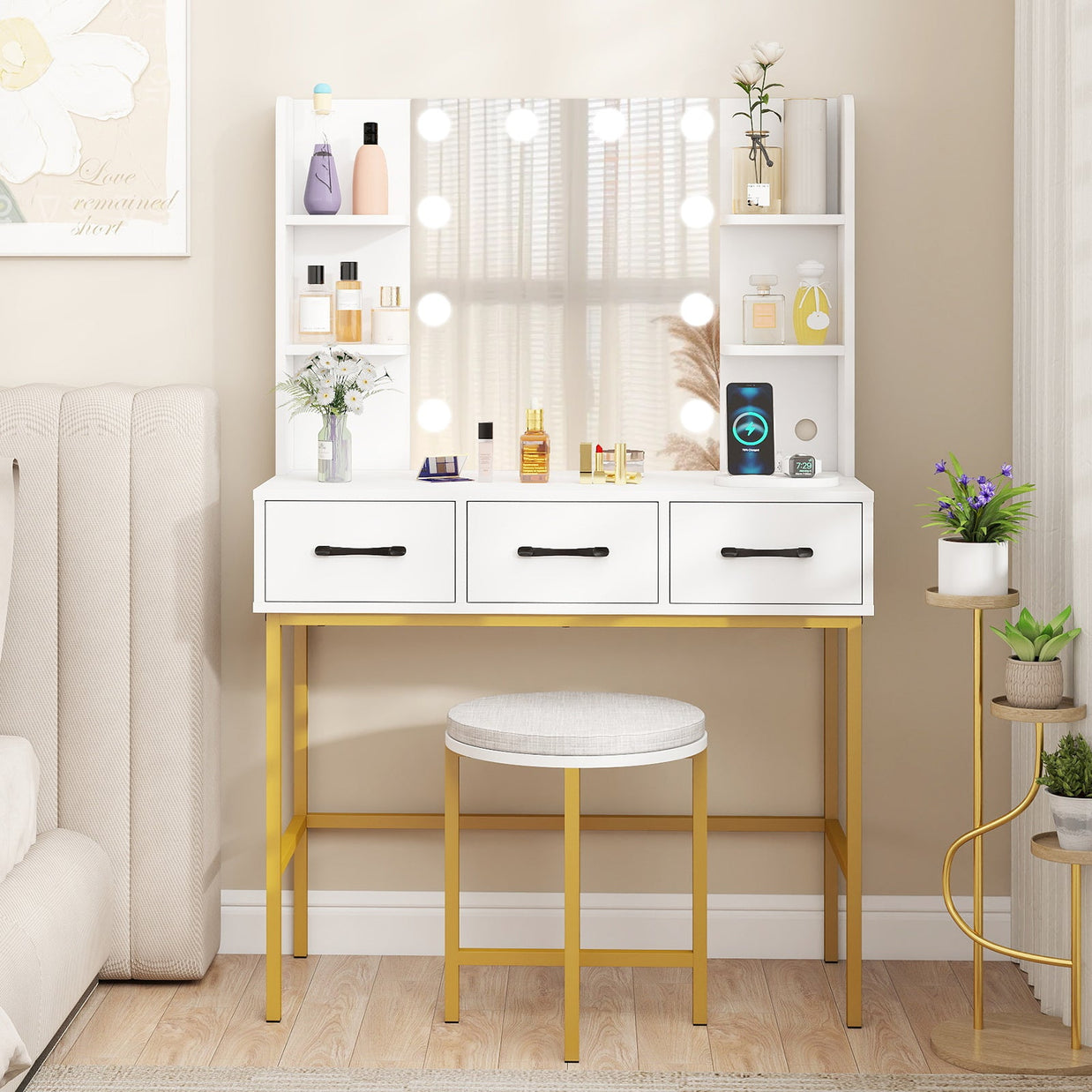 Vanity Desk with Mirror and Lights Makeup Dressing Table and Cushioned Stool Set-White