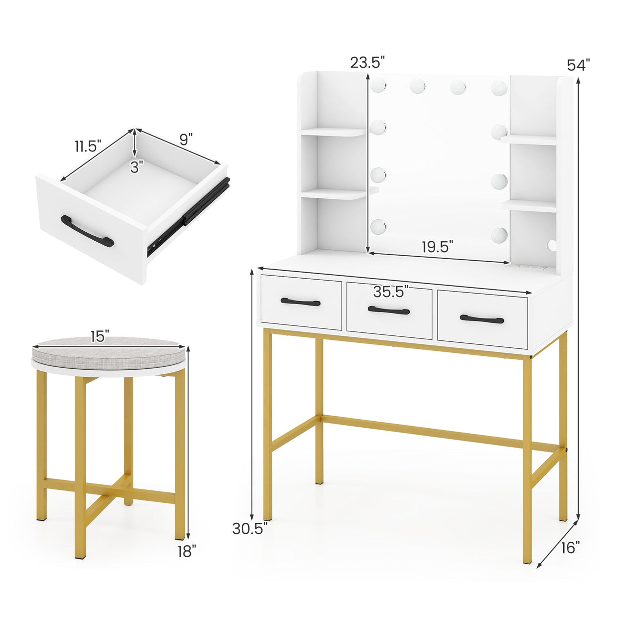 Vanity Desk with Mirror and Lights Makeup Dressing Table and Cushioned Stool Set-White