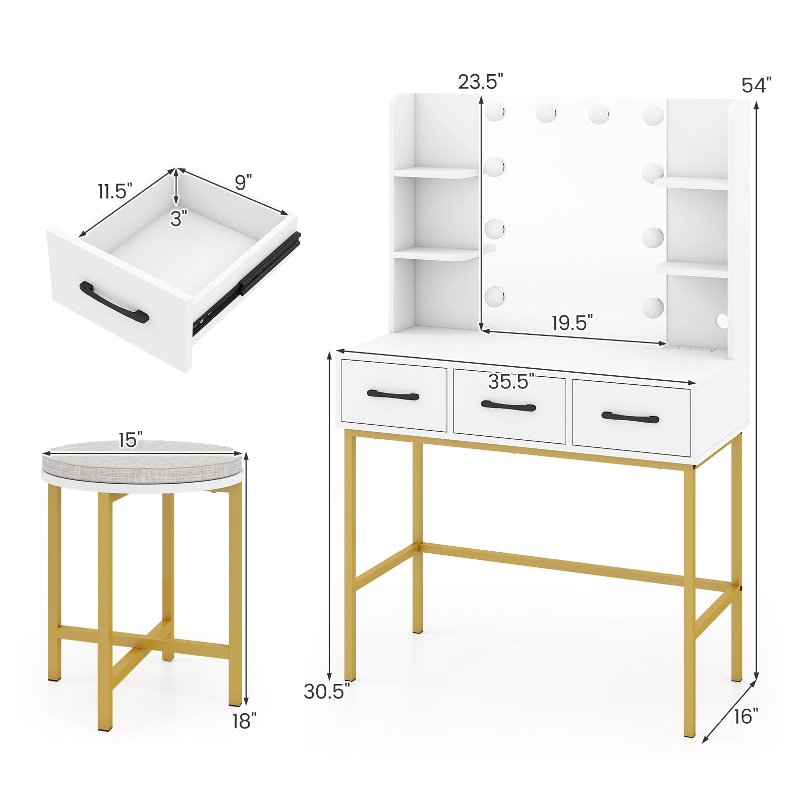 Vanity Desk with Mirror and Lights Makeup Dressing Table and Cushioned Stool Set-White