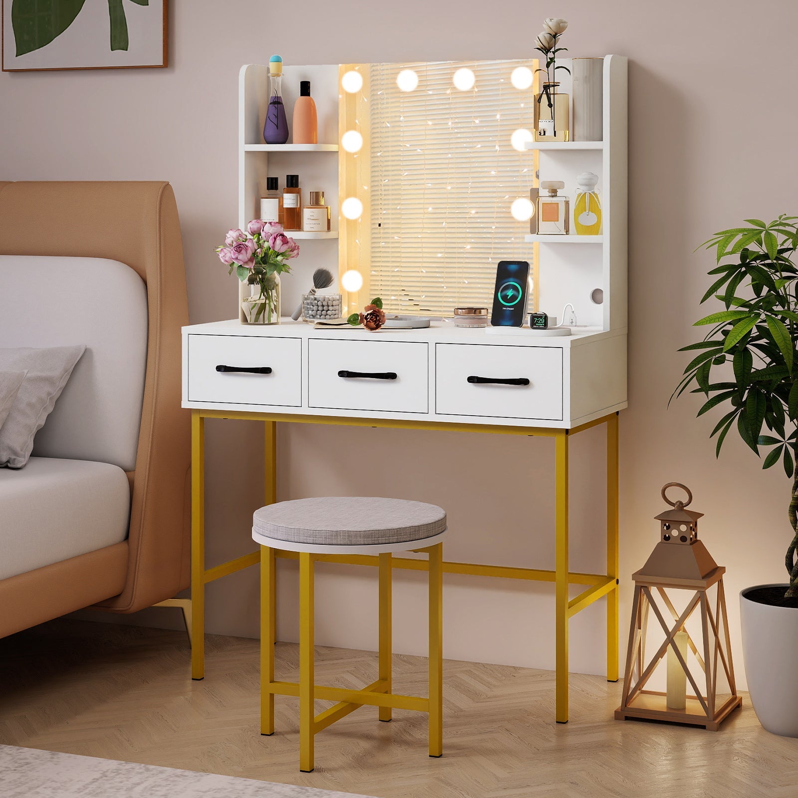 Vanity Desk with Mirror and Lights Makeup Dressing Table and Cushioned Stool Set-White