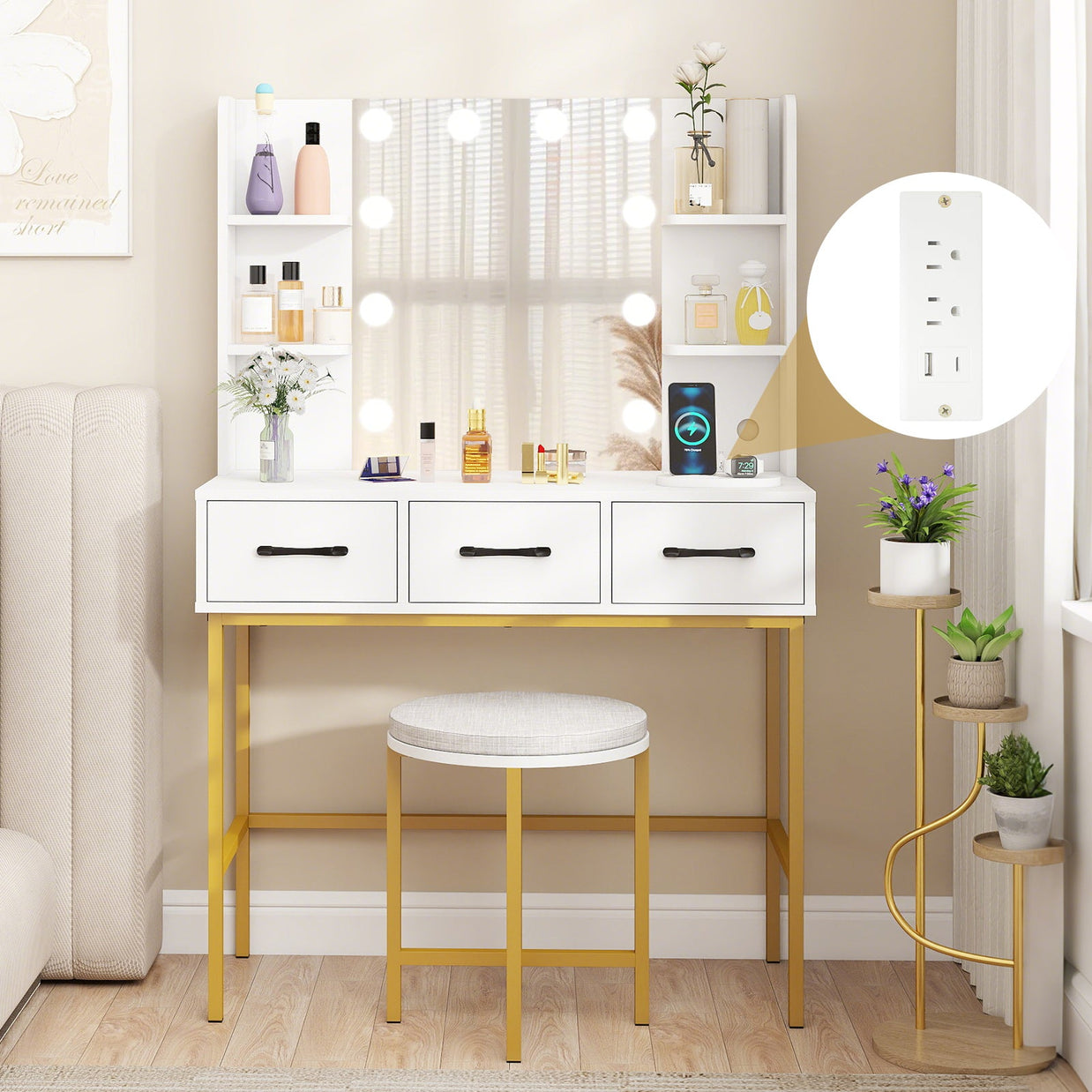 Vanity Desk with Mirror and Lights Makeup Dressing Table and Cushioned Stool Set-White
