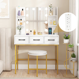 Vanity Desk with Mirror and Lights Makeup Dressing Table and Cushioned Stool Set-White
