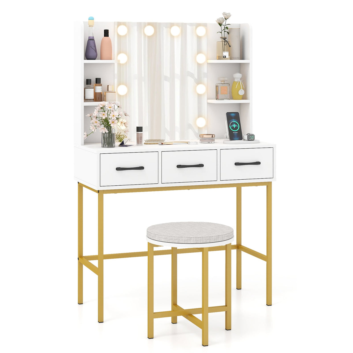 Vanity Desk with Mirror and Lights Makeup Dressing Table and Cushioned Stool Set-White