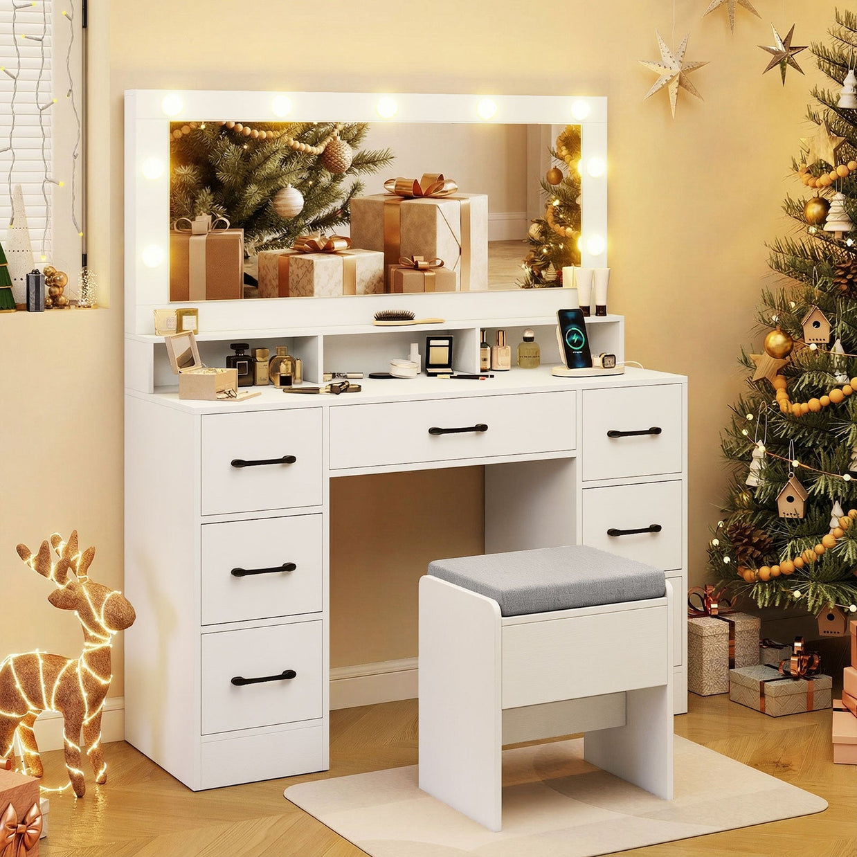 Vanity Desk with Mirror and Lights Makeup Table with Power Outlets