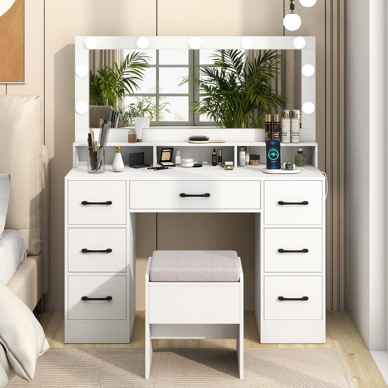 Vanity Desk with Mirror and Lights Makeup Table with Power Outlets
