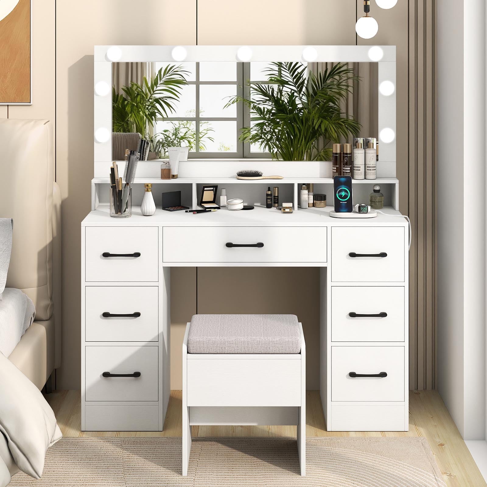 Vanity Desk with Mirror and Lights Makeup Table with Power Outlets