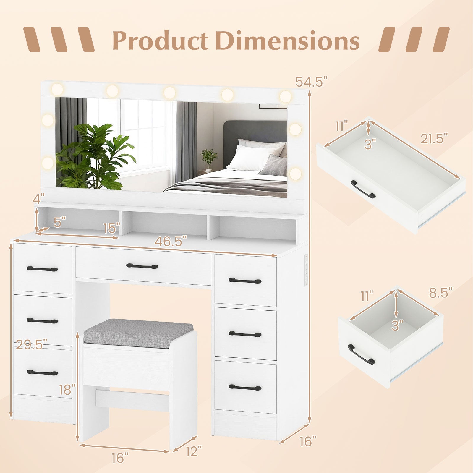 Vanity Desk with Mirror and Lights Makeup Table with Power Outlets
