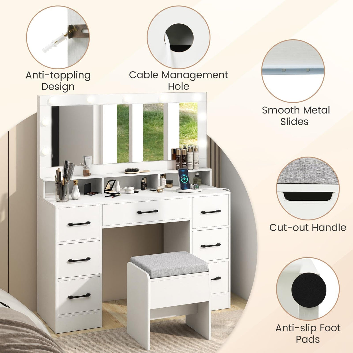 Vanity Desk with Mirror and Lights Makeup Table with Power Outlets