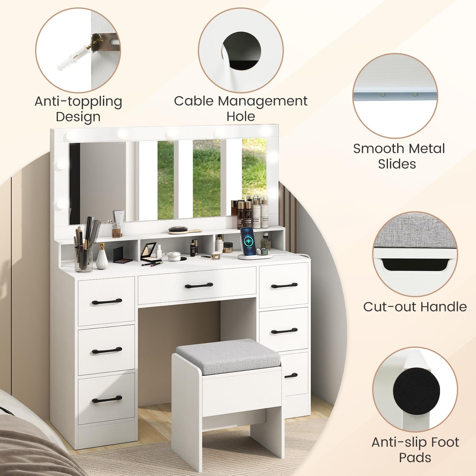Vanity Desk with Mirror and Lights Makeup Table with Power Outlets