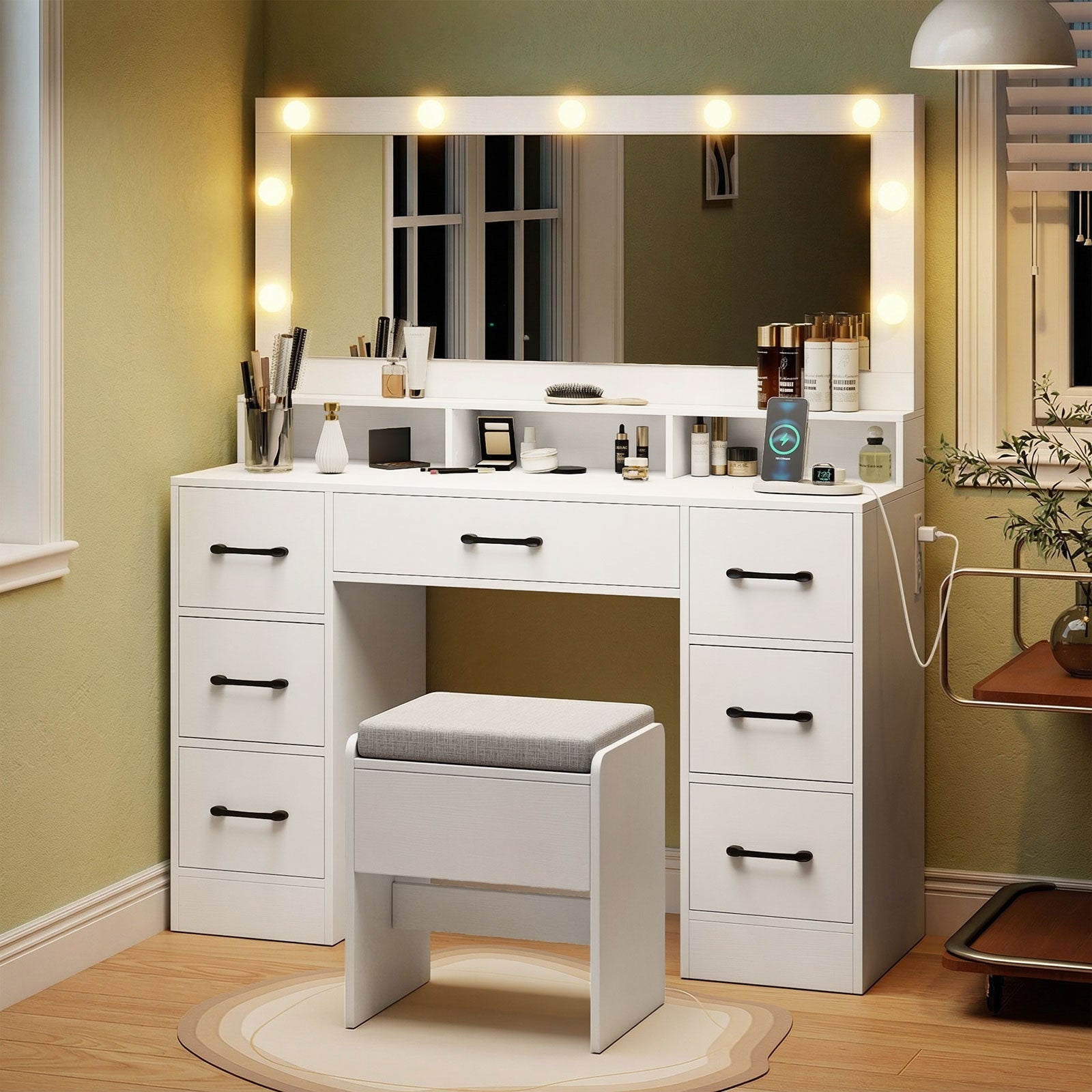 Vanity Desk with Mirror and Lights Makeup Table with Power Outlets
