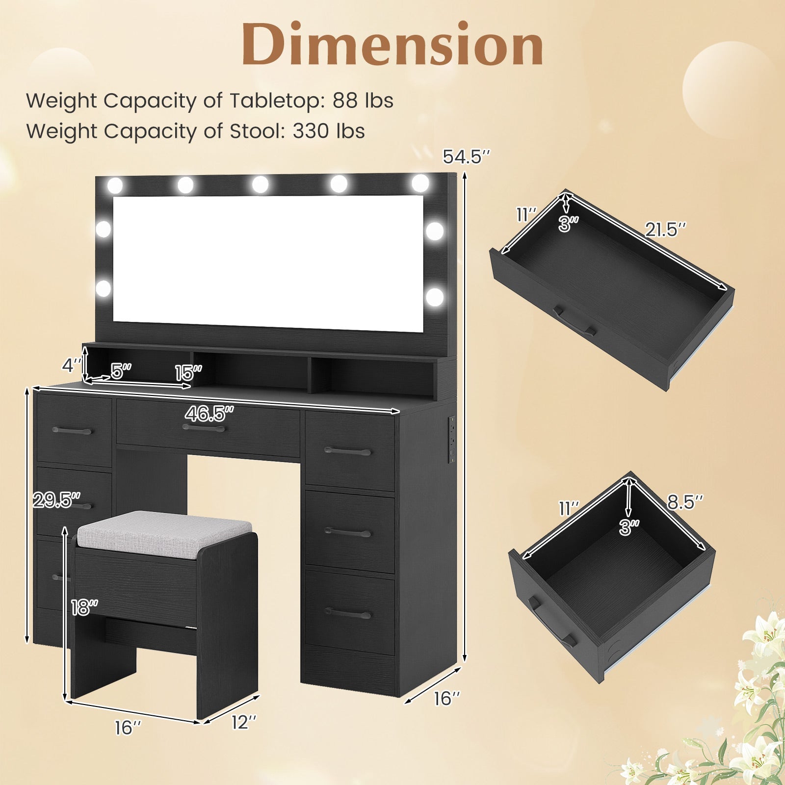 Vanity Desk with Mirror and Lights Makeup Table with Power Outlets