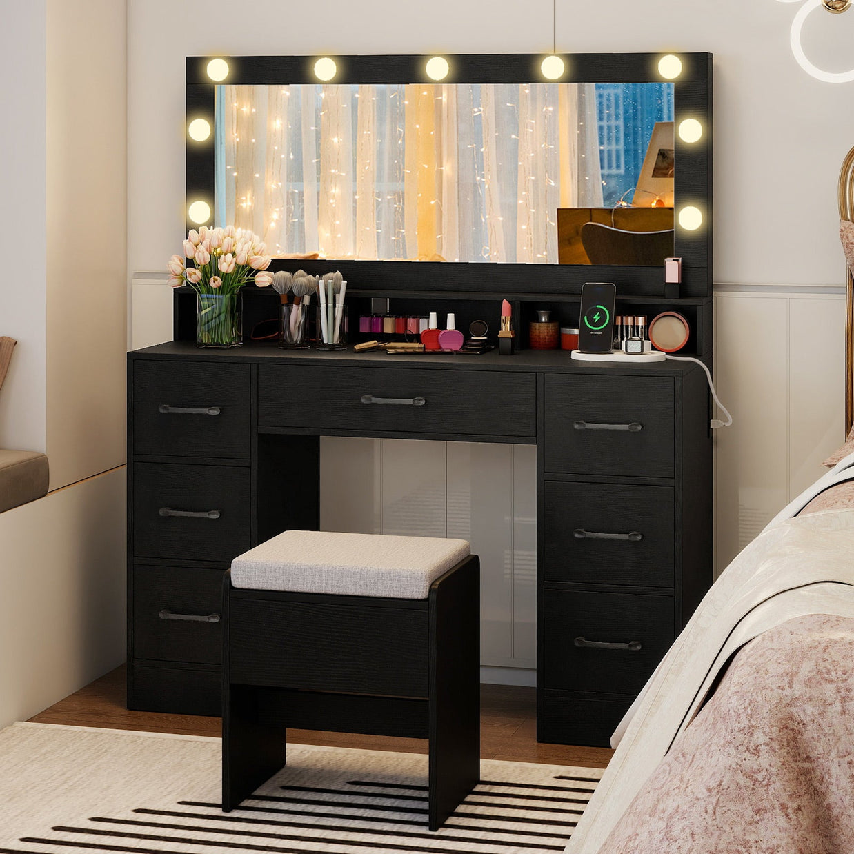 Vanity Desk with Mirror and Lights Makeup Table with Power Outlets