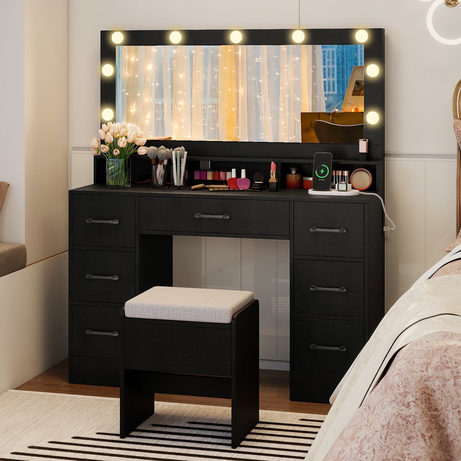 Vanity Desk with Mirror and Lights Makeup Table with Power Outlets