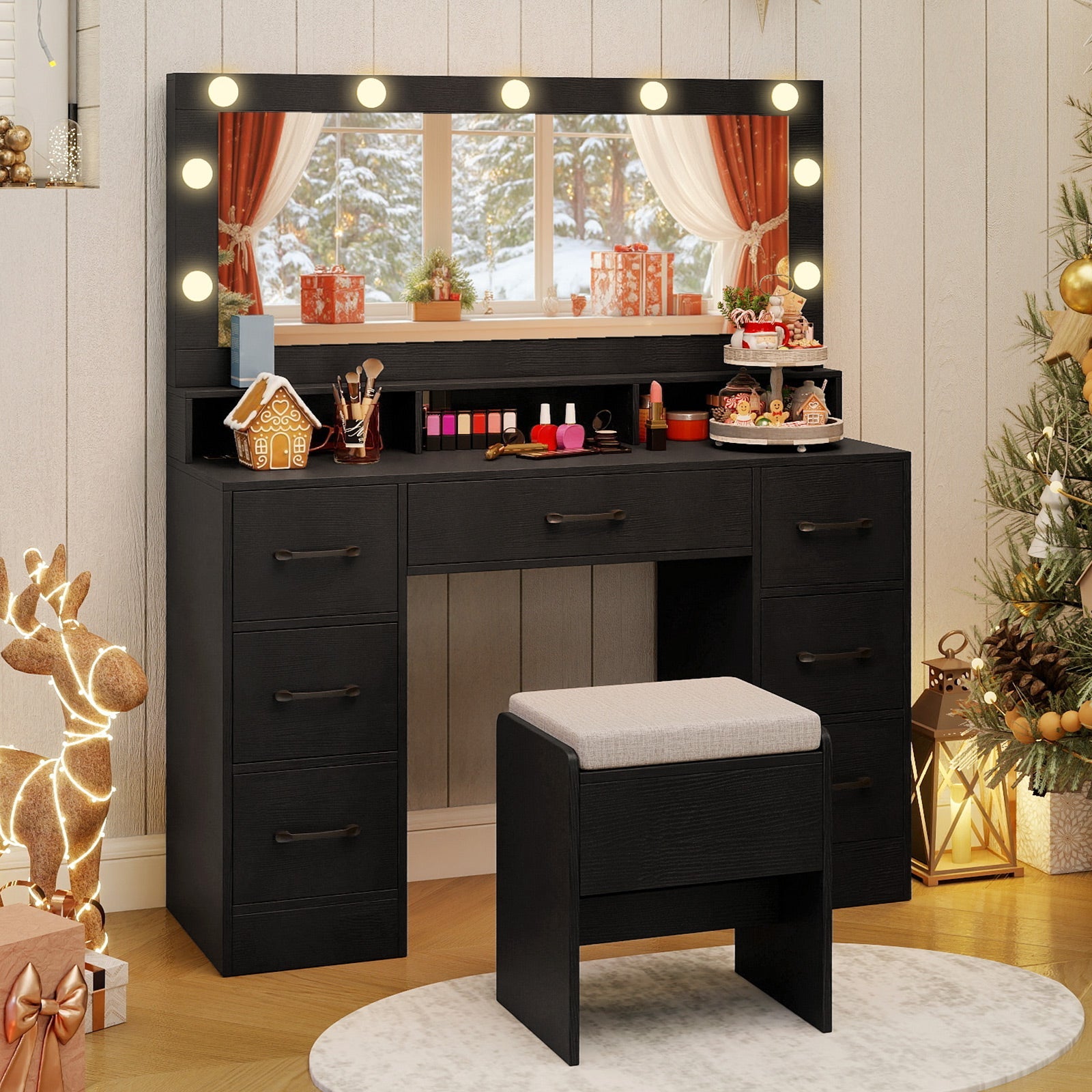 Vanity Desk with Mirror and Lights Makeup Table with Power Outlets
