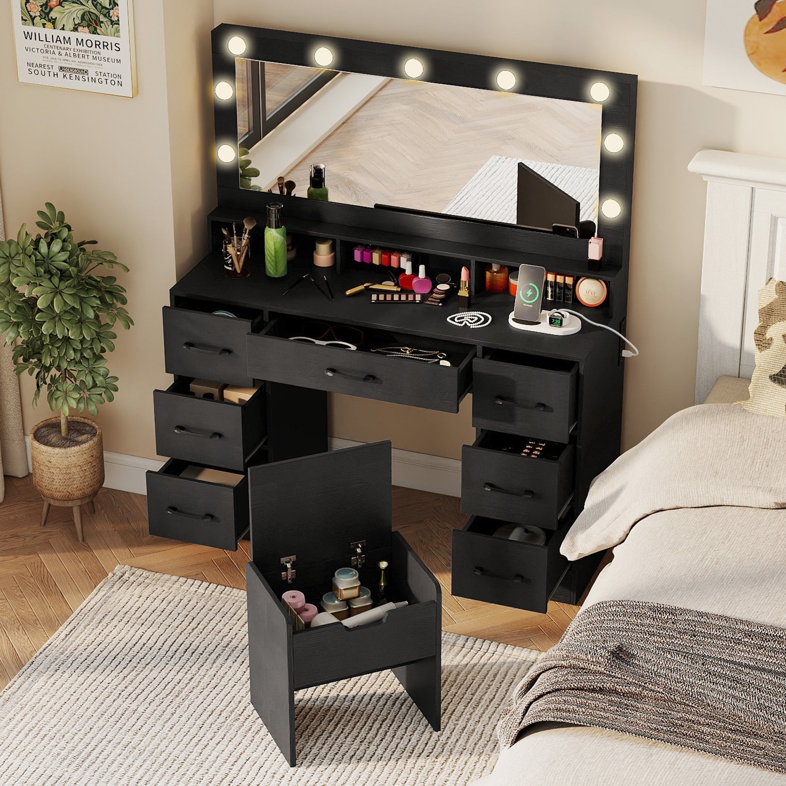 Vanity Desk with Mirror and Lights Makeup Table with Power Outlets