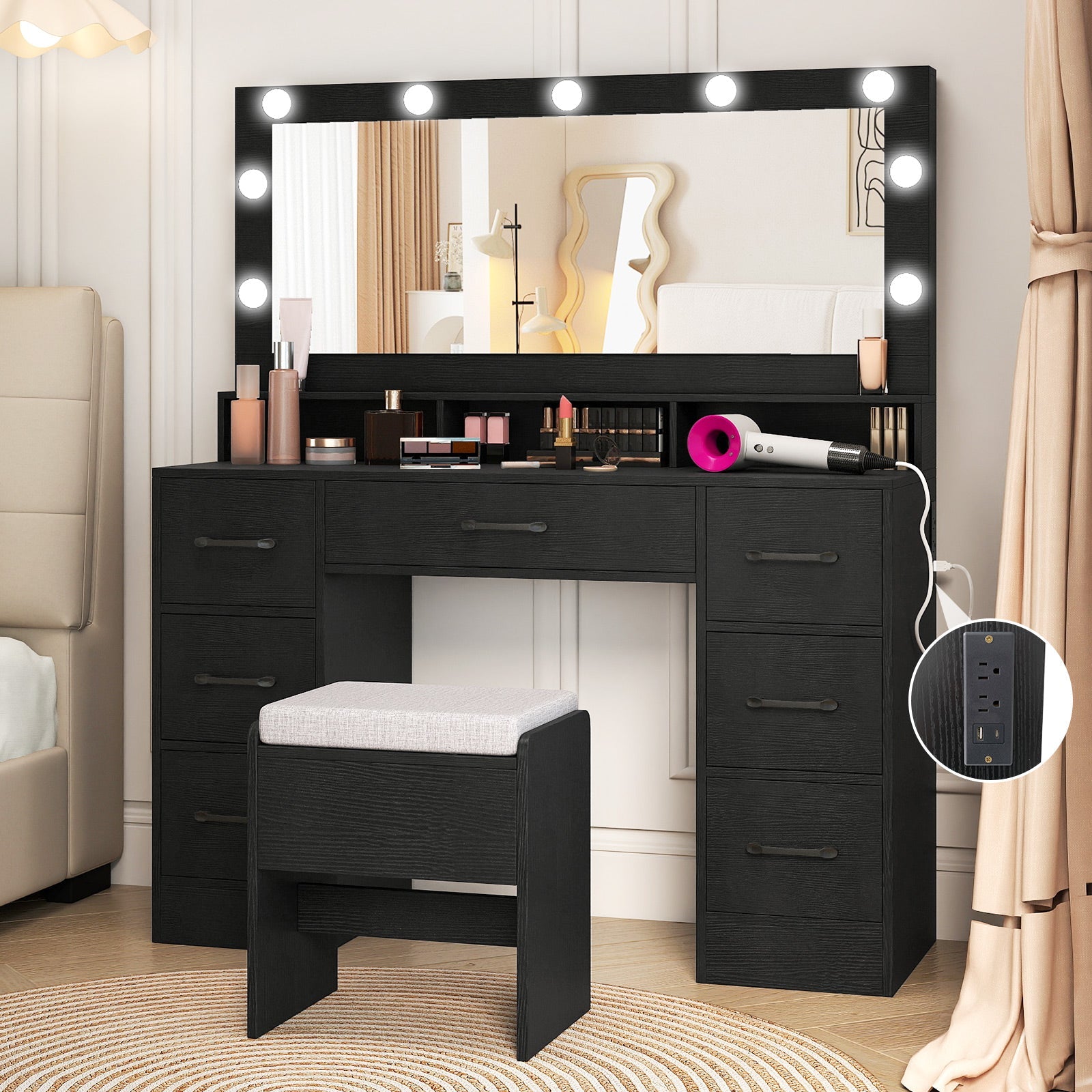 Vanity Desk with Mirror and Lights Makeup Table with Power Outlets