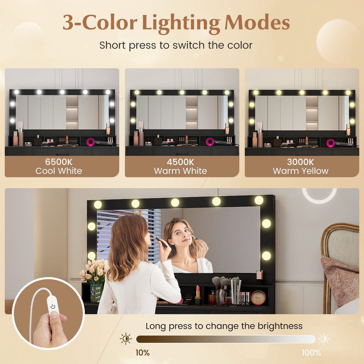 Vanity Desk with Mirror and Lights Makeup Table with Power Outlets