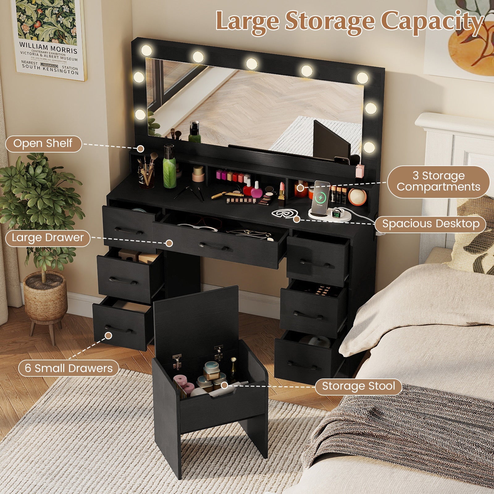 Vanity Desk with Mirror and Lights Makeup Table with Power Outlets