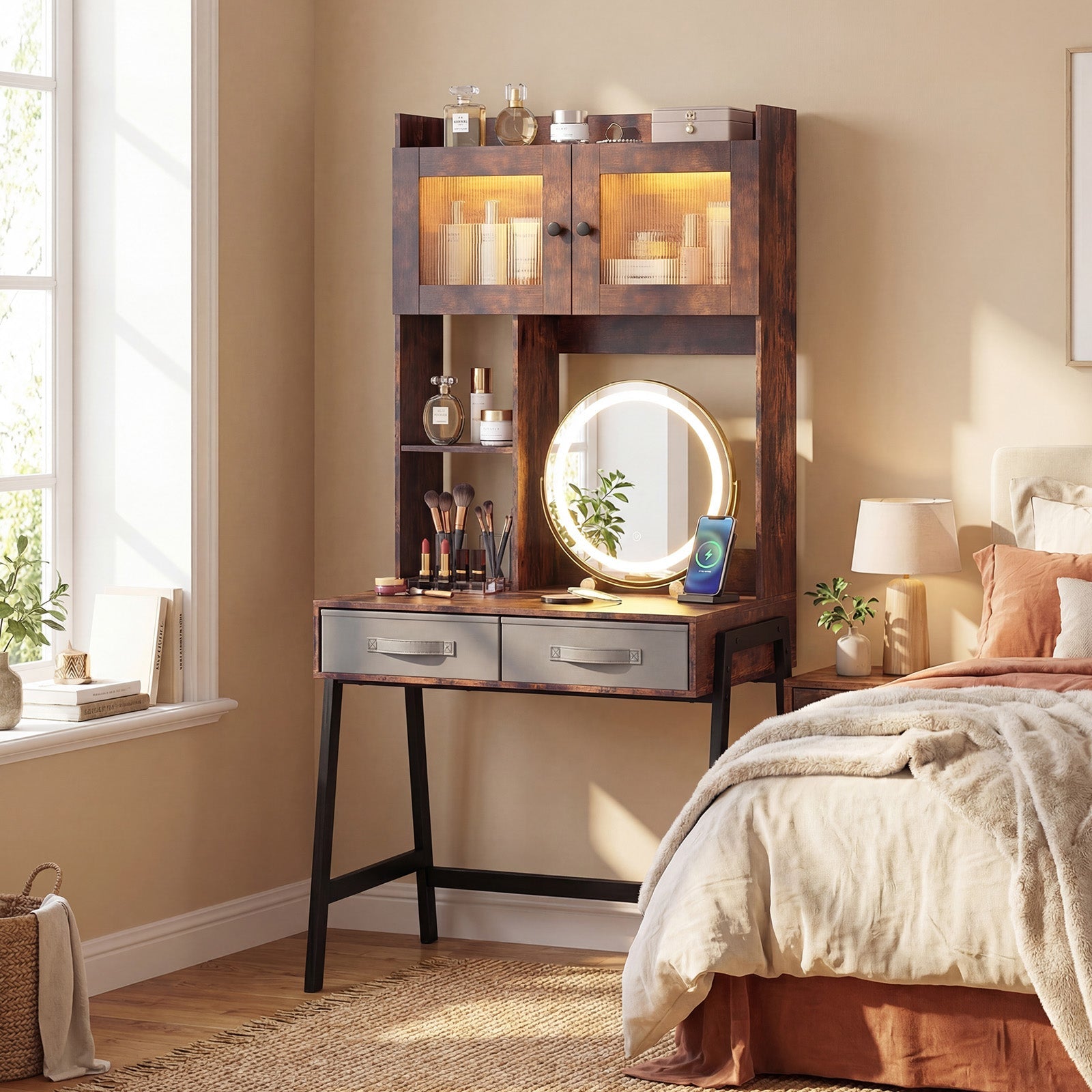 Vanity Desk with Rotatable Mirror and Lights Modern Dressing Table with 3 Light Colors-Brown
