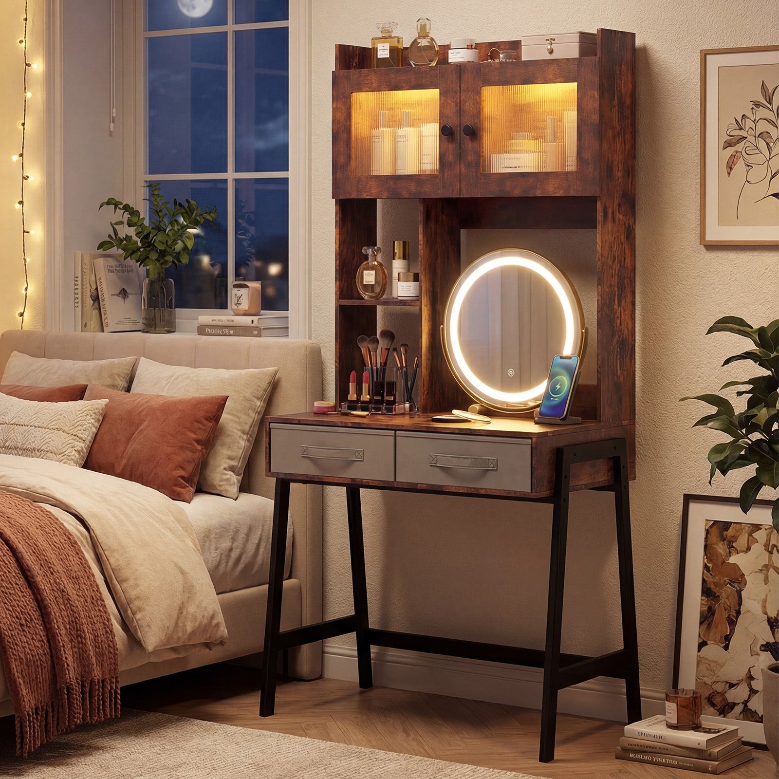 Vanity Desk with Rotatable Mirror and Lights Modern Dressing Table with 3 Light Colors-Brown