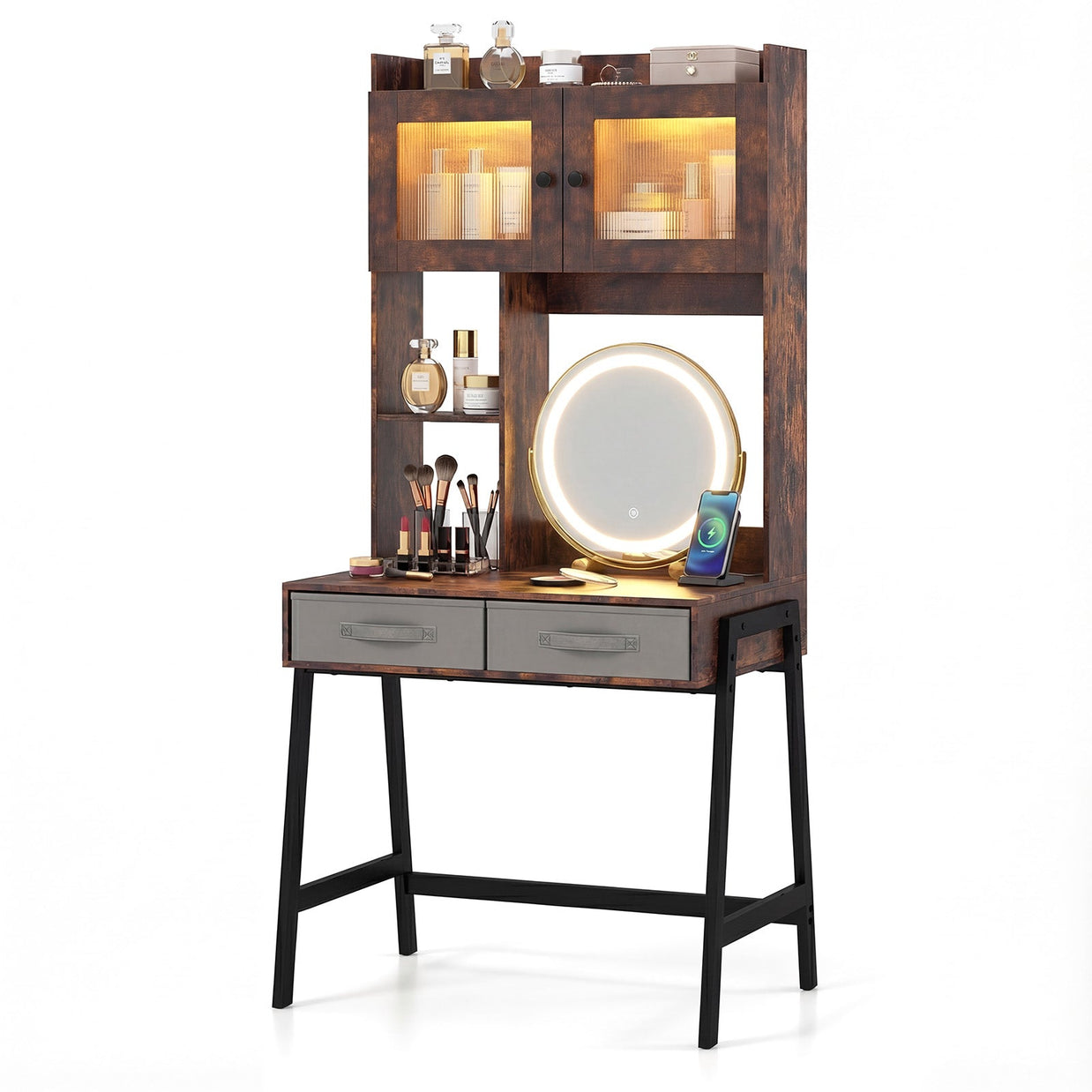 Vanity Desk with Rotatable Mirror and Lights Modern Dressing Table with 3 Light Colors-Brown
