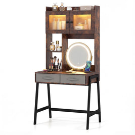 Vanity Desk with Rotatable Mirror and Lights Modern Dressing Table with 3 Light Colors-Brown