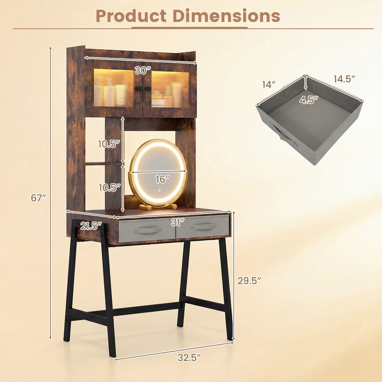 Vanity Desk with Rotatable Mirror and Lights Modern Dressing Table with 3 Light Colors-Brown
