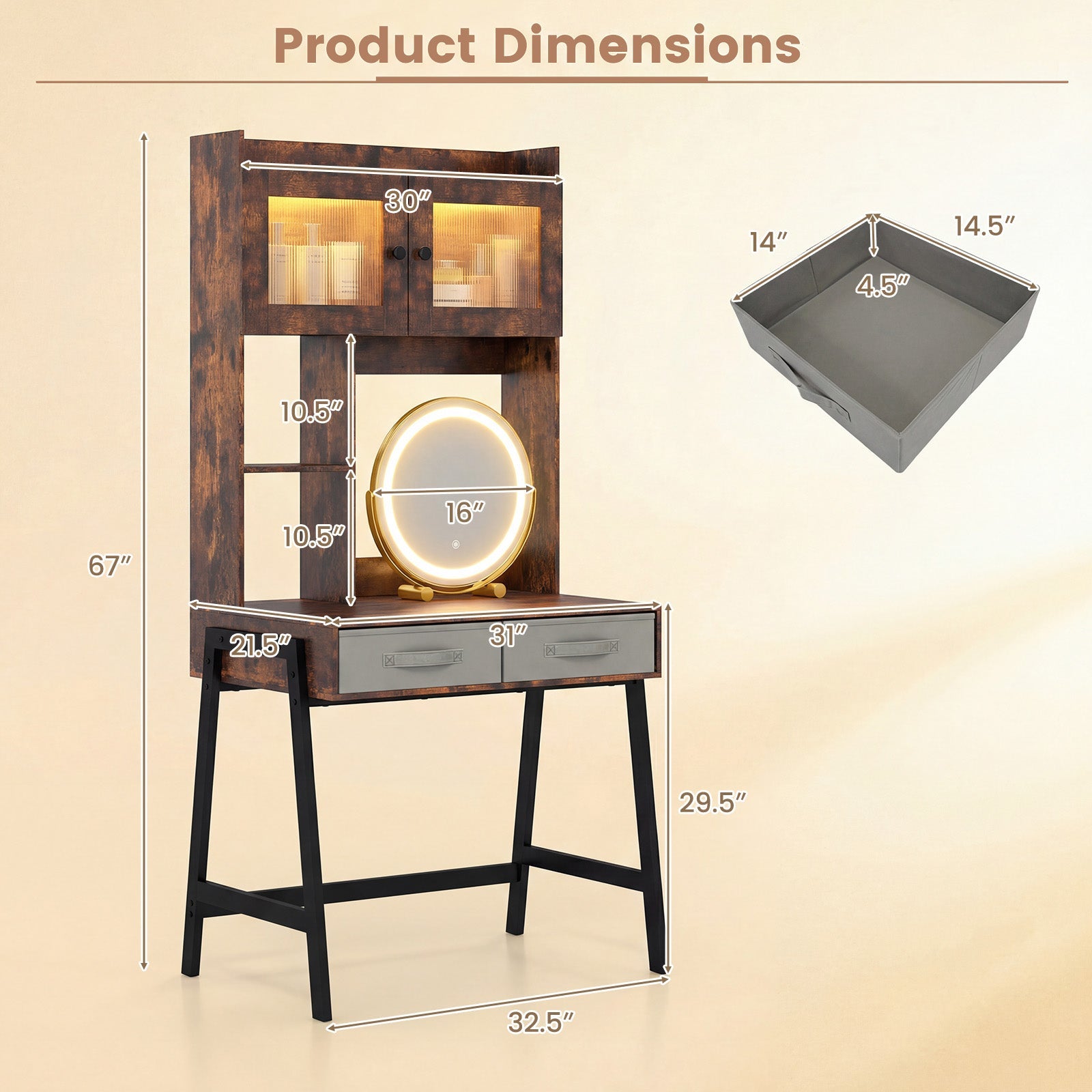 Vanity Desk with Rotatable Mirror and Lights Modern Dressing Table with 3 Light Colors-Brown