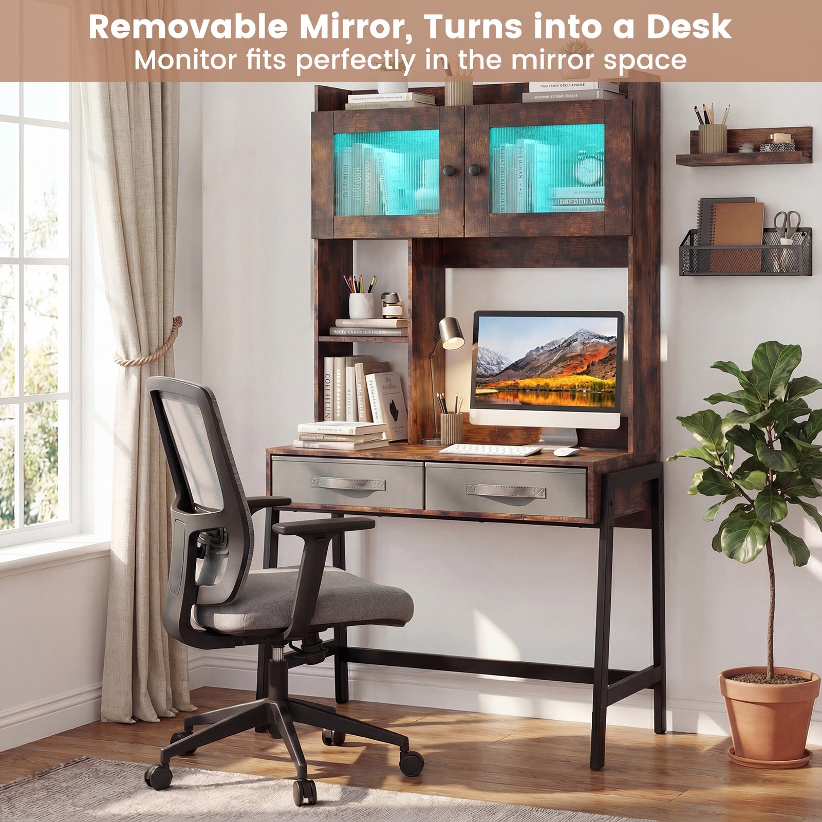 Vanity Desk with Rotatable Mirror and Lights Modern Dressing Table with 3 Light Colors-Brown
