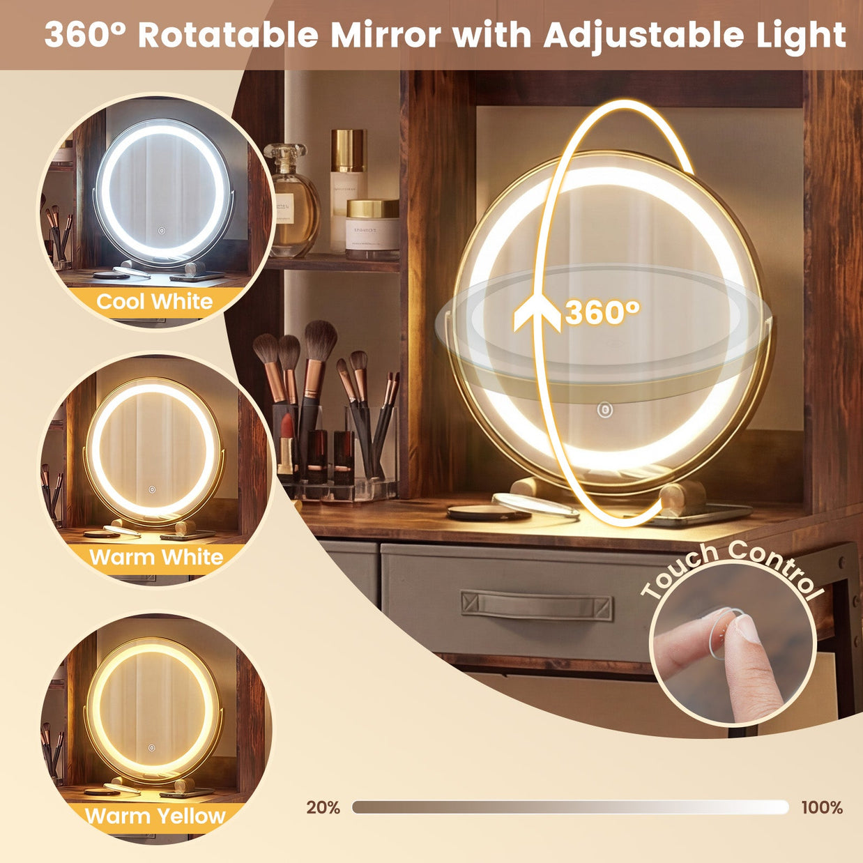 Vanity Desk with Rotatable Mirror and Lights Modern Dressing Table with 3 Light Colors-Brown