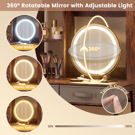 Vanity Desk with Rotatable Mirror and Lights Modern Dressing Table with 3 Light Colors-Brown
