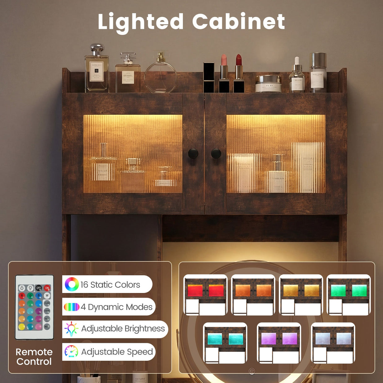 Vanity Desk with Rotatable Mirror and Lights Modern Dressing Table with 3 Light Colors-Brown