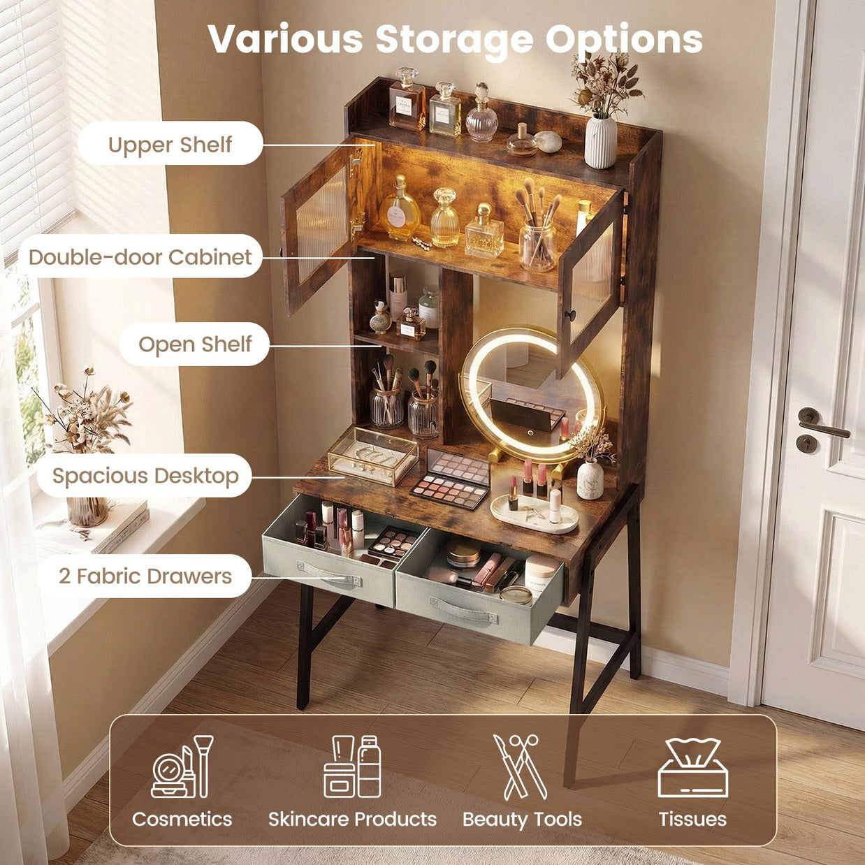 Vanity Desk with Rotatable Mirror and Lights Modern Dressing Table with 3 Light Colors-Brown