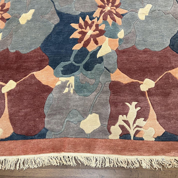 Modern Tibetan Rug 5.7 x 7.9, Abstract Multicolor Flower Pattern, Navy Blue Maroon Salmon, Soft Wool, Hand Knotted Contemporary Carpet 6x8