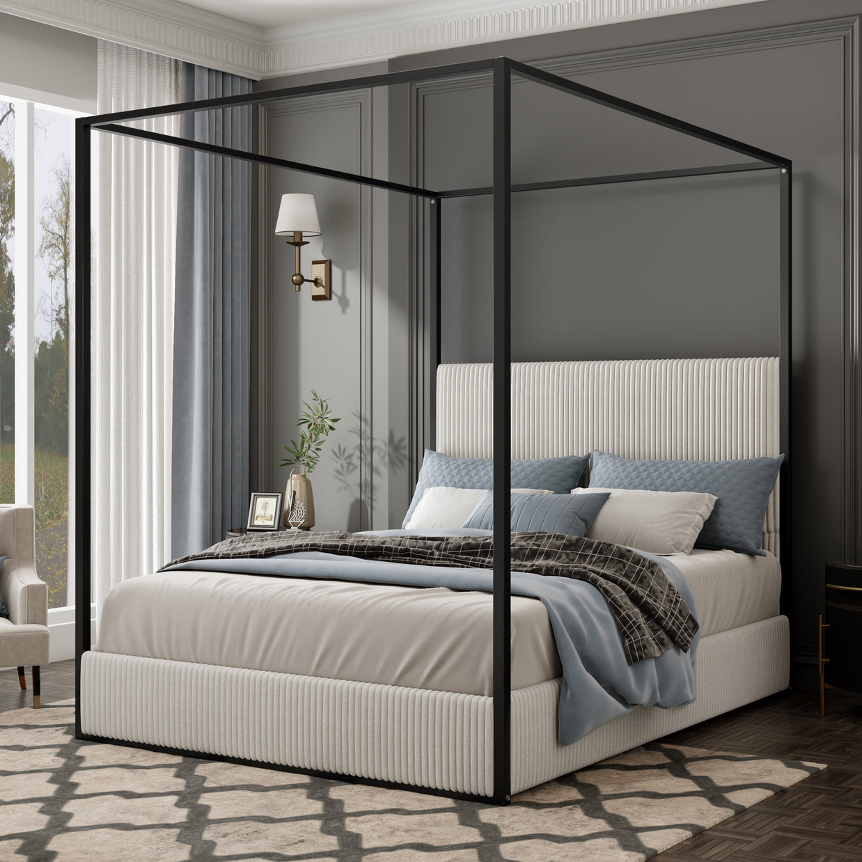 Modern Luxury Metal Canopy Bed with Tall Corduroy Upholstered Headboard