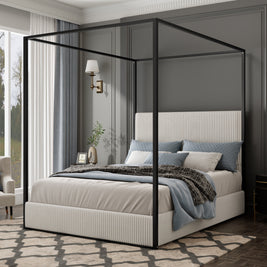 Modern Luxury Metal Canopy Bed with Tall Corduroy Upholstered Headboard