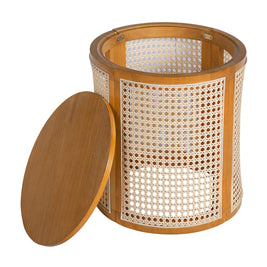 15.70' Round End Table, Hollow Woven Side Table, Small Rubber Wood Nightstand,