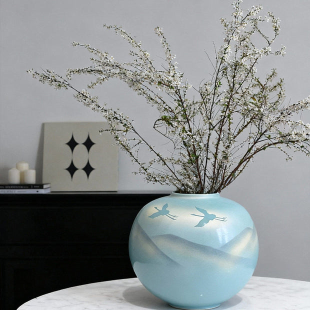 Modern Chinese Ceramic Vase with a Landscape Painting Motif Featuring a Blue Round Flower Vessel